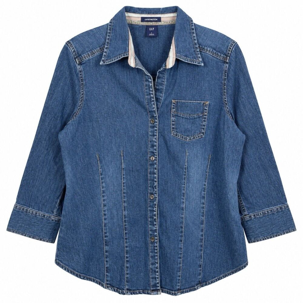 GAP Stretch Denim Shirt Womens Large Blue Fitted Button Up 3/4 Sleeve Y2K